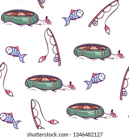 Vector Illustration. Seamless pattern from fishing elements  on white background. Good for card, poster, banner, invitation, postcard, icon. EPS 10 