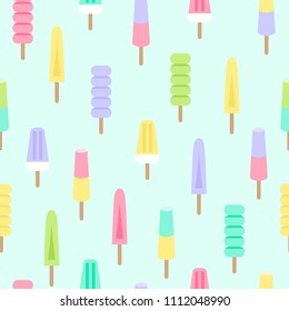 Vector illustration: seamless pattern with flat ice cream, fruit ice and frozen yogurt icons with wooden sticks in pastel colors in retro style isolated on blue background. Childish ornament for walp