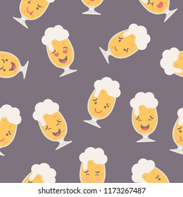 Vector illustration: seamless pattern with  flat funny beer mug emoticons for Oktoberfest decor isolated on brown backgound