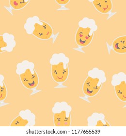 Vector illustration: seamless pattern with  flat funny beer mug emoticons for Oktoberfest decor isolated on yellow backgound
