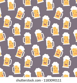 Vector illustration: seamless pattern with  flat funny beer mug emoticons for Oktoberfest decorations, fabrics, wallpapers and wrapping paper isolated on brown backgound
