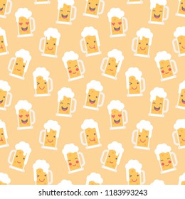 Vector illustration: seamless pattern with  flat funny beer mug emoticons for Oktoberfest decorations: wallpapers, fabrics and wrapping paper isolated on yellow backgound

