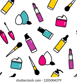 
Vector illustration seamless pattern. Flat icons. Makeup and beauty themes. Brush, foundation, lotion, lipstick, mascara, nail polish, cream, sponge. Black outline on a white background