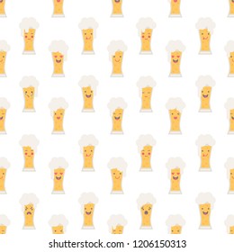 Vector illustration: seamless pattern with flat funny beer mug emoticons for Oktoberfest or beer party decor isolated on white background for scrapbooking, wallpaper, fabric, wrapping paper

