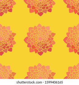Vector illustration seamless pattern floral watercolor red lotus on yellow background. Oriental chinese, japanese or indian background. For greeting card, invitation or yoga studio and Valentine's Day