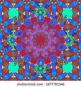 Vector illustration. Seamless pattern with floral ornament. Flowers on blue, green and red colors.