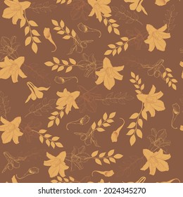 Vektorgrafik, nahtloses Muster, Blumendruck, Kontur gelber Blumen auf braunem Hintergrund, gelbe Blumen und Äste mit Blättern, für Tapeten, Gewebe und Möbel