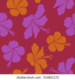 Vector illustration. Seamless pattern with floral motif. Vector flower illustration. Seamless floral pattern with violet, red and orange hibiscus flowers, watercolor.