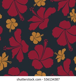 Vector illustration. Seamless pattern with floral motif. Vector flower illustration. Seamless floral pattern with red, brown and blue hibiscus flowers, watercolor.