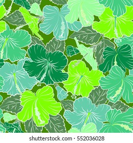 Vector illustration. Seamless pattern with floral motif. Vector flower illustration. Seamless floral pattern with green hibiscus flowers, watercolor.