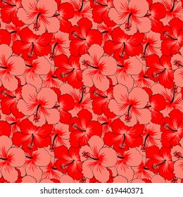 Vector illustration. Seamless pattern with floral motif. Vector flower illustration. Seamless floral pattern with pink and red hibiscus flowers, watercolor.