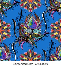 Vector illustration. Seamless pattern with floral ornament. Flowers on colorful background.