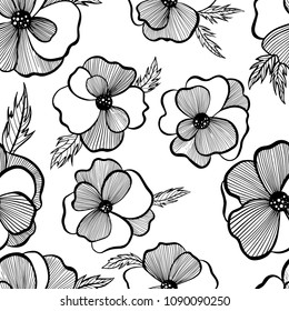 Vector illustration of a seamless pattern with flowers. Coloring book. Line art transparent background. Hand drawn nature painting. Freehand sketching illustration. Black and white color