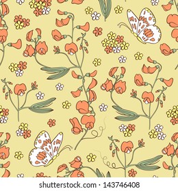 Vector illustration of seamless pattern with flowers and butterflies.Floral background