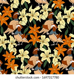 Vector illustration seamless pattern with flowers and duck in ukiyo style, white and orange lilies and mandarin ducks on black background, can be used for background, in textile, packaging, banner.