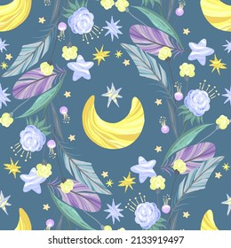 Vector illustration, seamless pattern with flowers and moon, stars, dark background