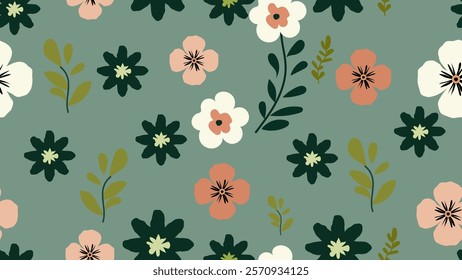 A vector illustration of a seamless pattern of flowers in various tones of white, cream, pink, orange and green, giving off a bright and warm feel. For designing backgrounds, publications, nature