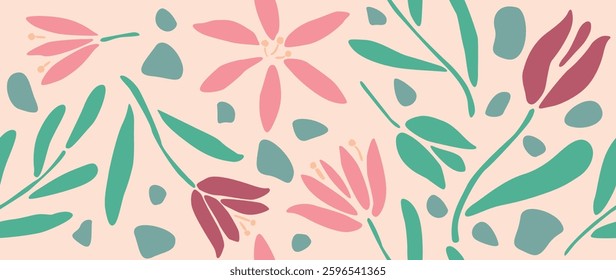 Vector illustration. Seamless pattern of flowers on a light background. Spring concept. Perfect for your design, gift wrap or home wallpaper.