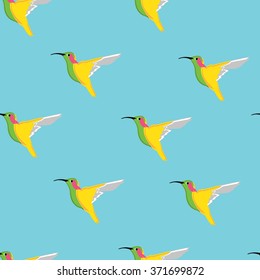 Vector illustration seamless pattern with flying humming birds on blue background