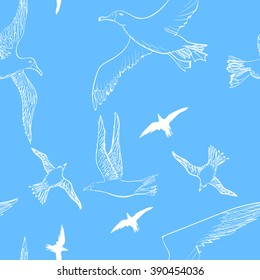 Vector illustration of seamless pattern with a flying albatrosses. Limited color linear graphic - white, dark grey, blue. Perfect for wrapping paper, textile etc. Themes of summer, sea, sky, freedom.