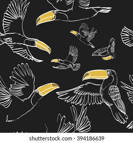 Vector illustration of seamless pattern with flying toucans . Full color graphic: yellow, dark grey,brown. Perfect for wrapping paper, textile printing etc.