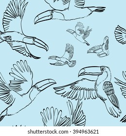 Vector illustration of seamless pattern with flying toucans. Linear monochrome  graphic: dark grey,light blue. Perfect for wrapping paper, textile printing etc.