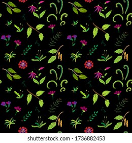 Vector illustration of a seamless pattern of forest herbs, flowers, mosses, lichens, twigs, leaves. Botanical ornament on a black background of isolated elements. Wild plants are drawn by hand.