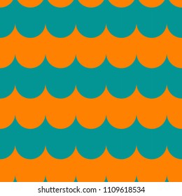 Vector illustration, seamless pattern in form of oval shapes and lines like a wave of orange, blue colour. Retro style. Painting with the effect of draining paint.