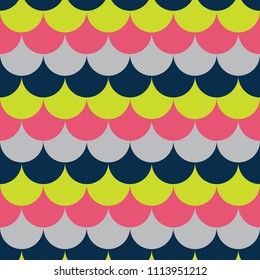 Vector illustration, seamless pattern in form of semicircles. Umbrellas pointing down of yellow, blue, pink colour. Art retro style. Vintage colors. Digital paper for textile print. Morocco style.