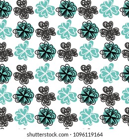 Vector illustration. Seamless pattern with four-leaf clover. Background with Scandinavian design. Black, white, green