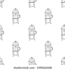 Vector illustration of seamless pattern of French press coffee pot. Hand drawn doodle style. White background