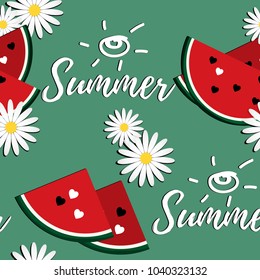 Vector illustration of seamless pattern with fresh ripe watermelon and heart seeds with Summer text and flower. Summer concept. Watermelon fruit in flat design.