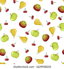 Vector illustration. The seamless pattern with the fresh fruits, green and speckled red apples, yellow pears, cherry on white background.