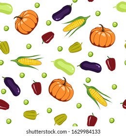 Vector illustration. Seamless pattern with the fresh vegetables, green and red bulgarian pepper, ripe yellow corn with green leaves, pumpkin, squash, purple eggplant, green pea on white background.