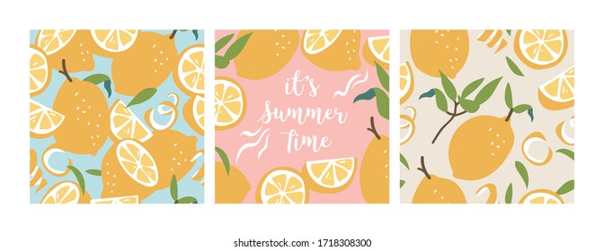 Vector illustration seamless pattern with fresh lemons. Colorful summer wallpaper. Citrus fruits collection