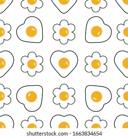 Vector illustration of a seamless pattern of fried eggs on a white background. In the form of a heart, a flower.