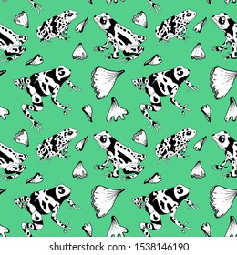 Vector illustration of seamless pattern with frogs. Monochrome linear graphic - black and white. Nice for textile printing, wrapping paper etc.