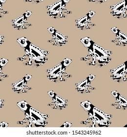 Vector illustration of seamless pattern with frogs. Monochrome linear graphic - black and white. Nice for textile printing, wrapping paper etc.