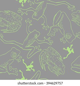 Vector illustration of seamless pattern with frogs. Monochrome linear graphic - grey and  green. Nice for textile printing, wrapping paper etc.