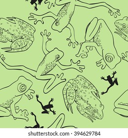 Vector illustration of seamless pattern with frogs. Monochrome linear graphic - black and green. Nice for textile printing, wrapping paper etc.