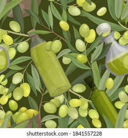 Ilustración vectorial de un patrón sin fisuras con frutas y ramas de oliva, botellas de aceite de oliva. Patrón colorido para el embalaje de papel o tela, papel y embalaje