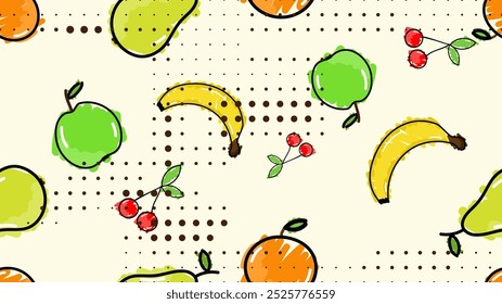 Vector illustration. Seamless pattern of fruits. Hand-drawn style. Line art. Color doodle style. Design for wallpaper, background, poster, banner.