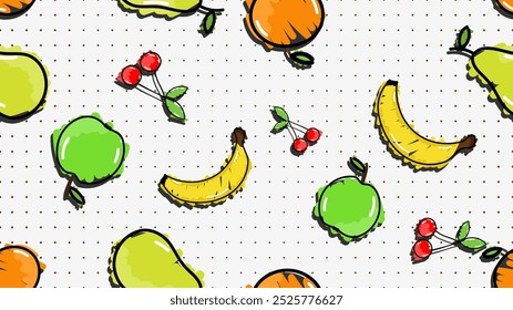 Ilustración vectorial. Patrón sin fisuras de frutas. Estilo dibujado a mano. Arte de línea. estilo doodle de color. Diseño para el Fondo de pantalla, fondo, cartel, Anuncio.