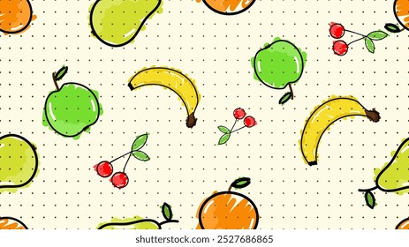 Vector illustration. Seamless pattern of fruits. Hand-drawn style. Line art. Color doodle style. Design for wallpaper, background, poster, banner.