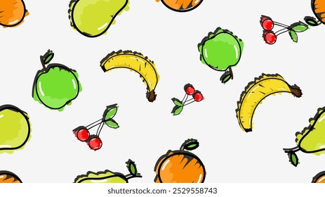 Vector illustration. Seamless pattern of fruits. Hand-drawn style. Line art. Color doodle style. Design for wallpaper, background, poster, banner.