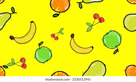 Vector illustration. Seamless pattern of fruits on yellow backdrop. Hand-drawn style. Line art. Color doodle style. Design for wallpaper, background, poster, banner.