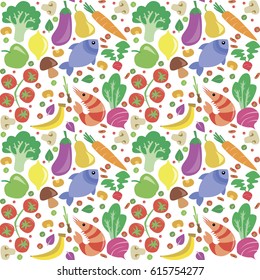 Vector Illustration Seamless Pattern Of Fruits, Vegetables and Seafood in Colorful Flat Cartoon Style.