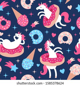Vector illustration seamless pattern with fun unicorns in donuts on dark blue background. Cartoon style cute character