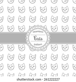 Vector illustration. Seamless pattern. Funny cats in black and white colors. Contours of cute cats. Vector cats. Seamless background with linear cats. Backdrop with flat cats.