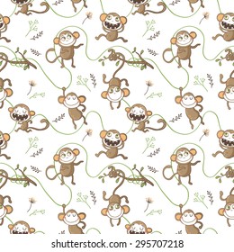Vector Illustration. Seamless pattern with funny monkeys and floral elements. 